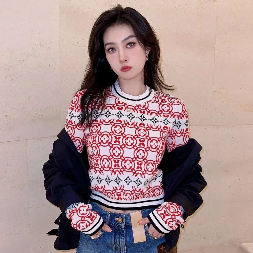 99新 LouisVuitton/路易威登 LV红色印花套头针织衫/尺码m