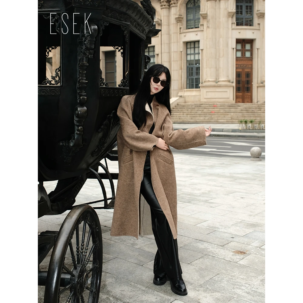 ESEK 【预售】长款长袖冬季纯色毛呢外套宽松款