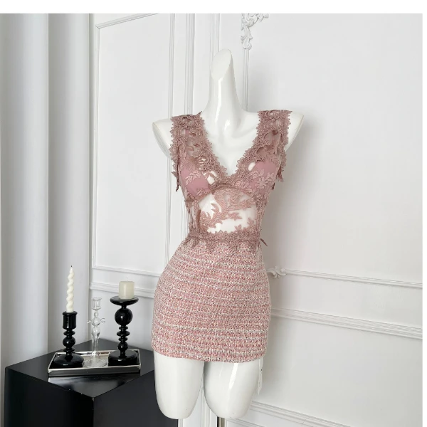 【初雪少女香】纯欲辣妹修身显瘦V领双色小香拼接连衣裙女显瘦短裙