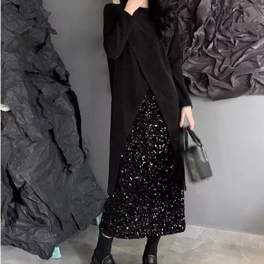 369大码女装胖mm设计感开叉长袖上衣+亮片半身裙女春显瘦遮肚套装