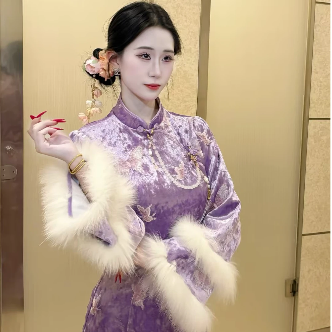 LHMknk1画报夫人原创自制新中式高级刺绣蝴蝶仙气旗袍 梦紫蝶