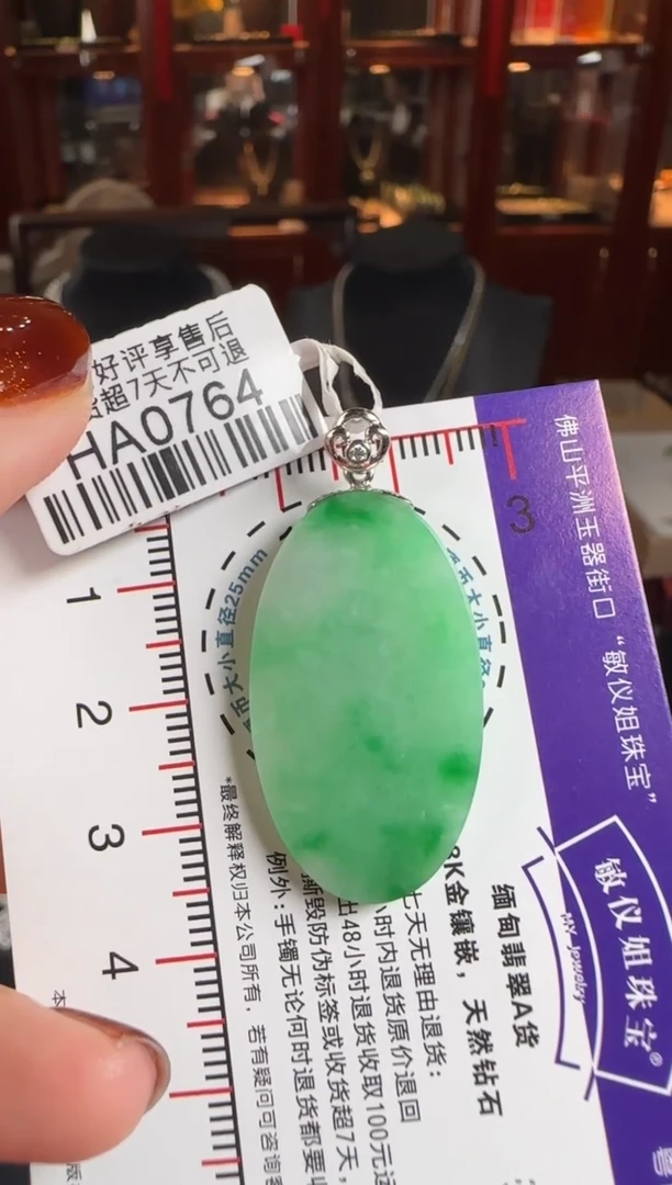 颈饰18K金镶嵌翡翠HA0764冰绿无事牌
