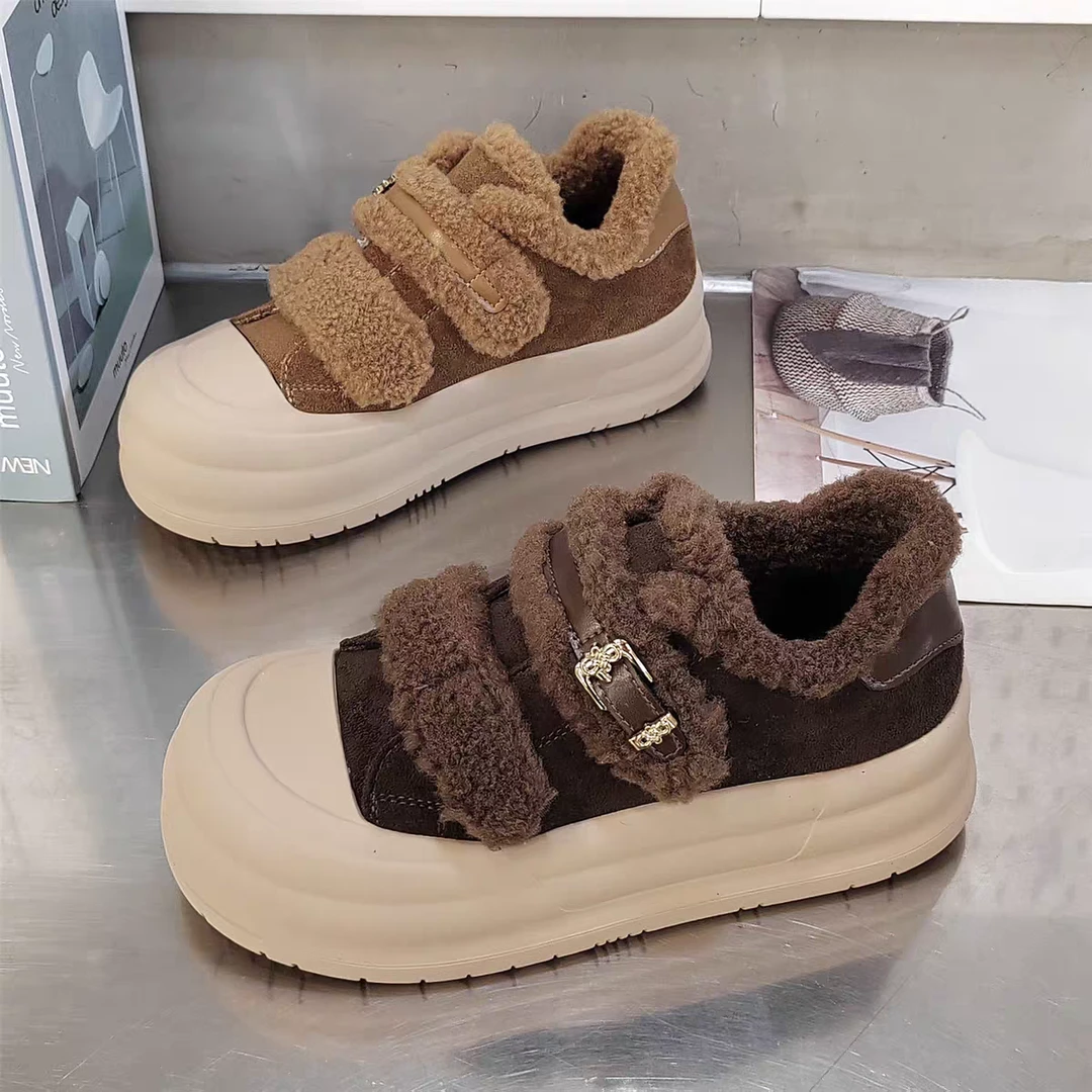 冬季新款加绒保暖厚底魔术贴休闲毛毛鞋女圆头增高百搭棉鞋