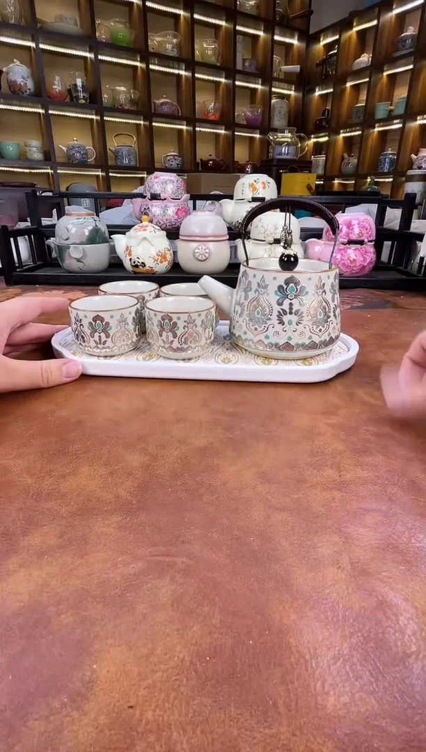 .敦煌金银错提梁壶1壶4杯+金银错茶盘