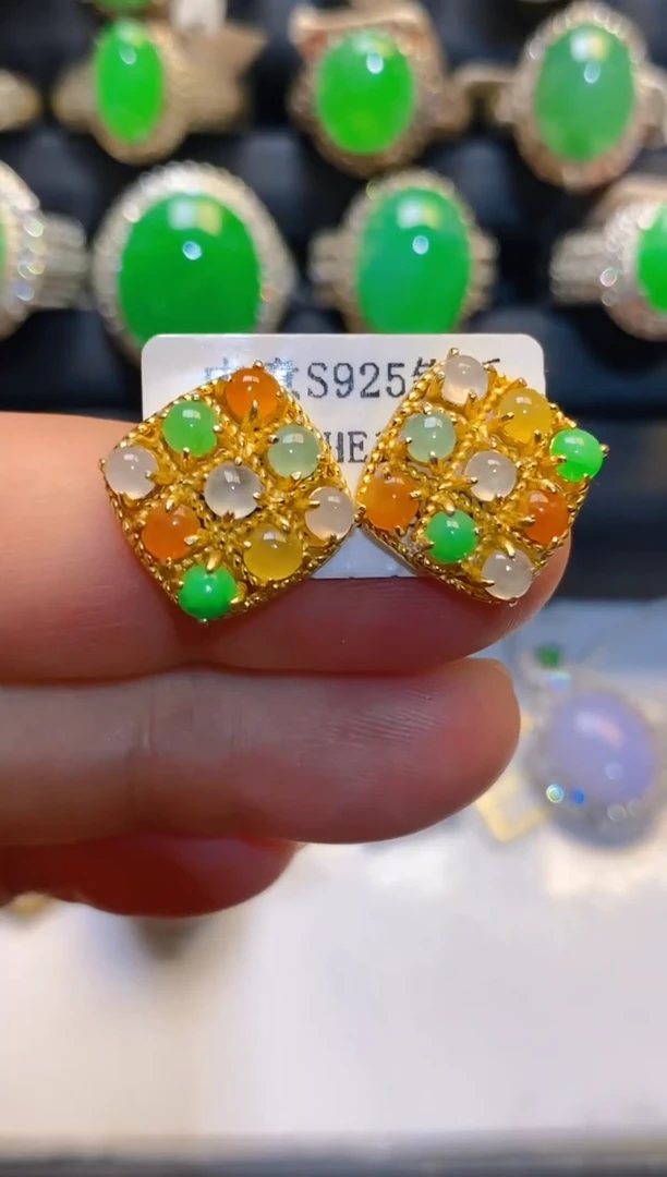 翡翠银S925镶嵌耳饰天然