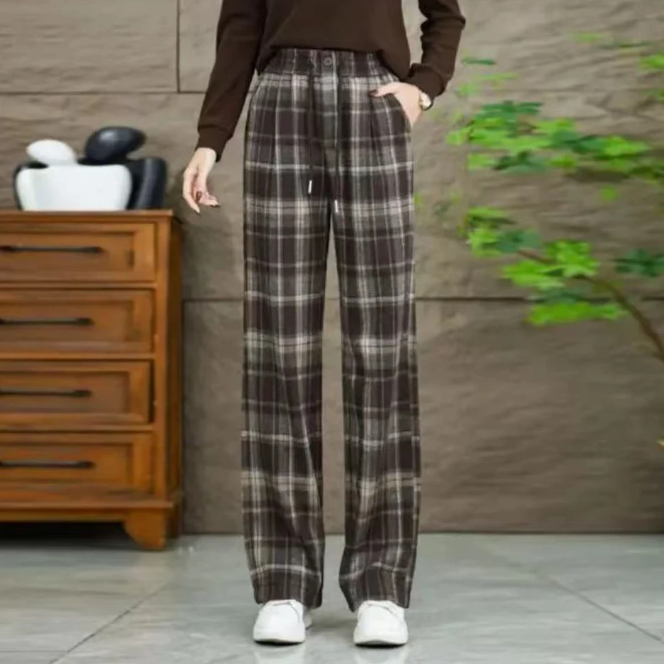 秋冬新款格子休闲裤加绒松紧腰小个子直筒裤子显瘦女裤子2624长89