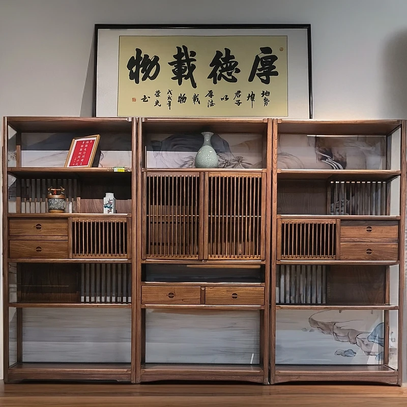 北方老榆木格栅门新中式简约禅意居家好物客厅茶室办公室博古架