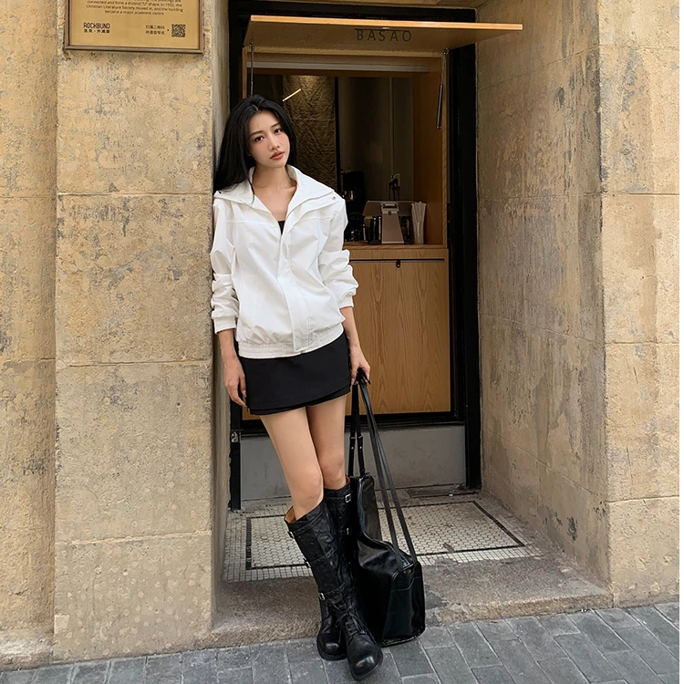 iLEFT左边女装立领短外套2024秋季新款俏皮兔耳朵领结夹克外套