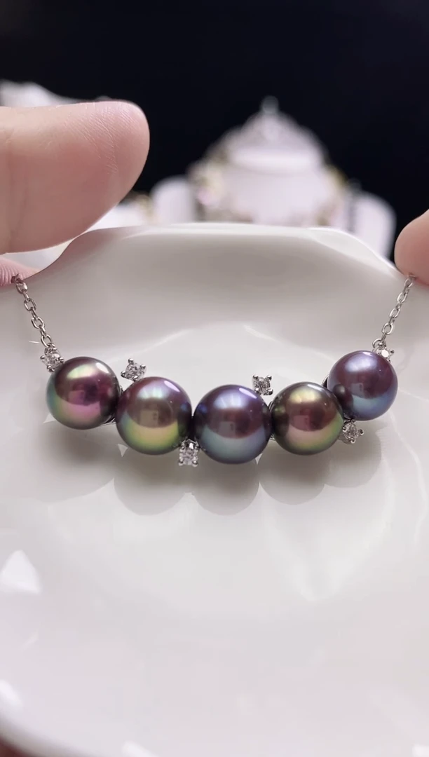 项链银S925镶嵌淡水珍珠淡水紫珠微笑项链