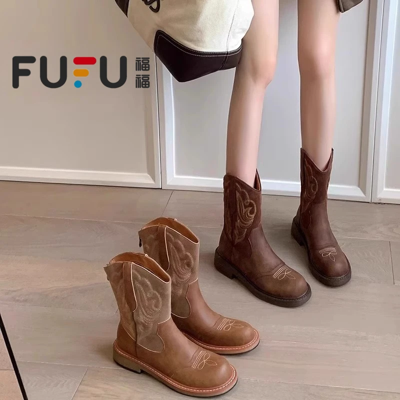 福福英伦风短靴女棕色复古刺绣西部牛仔靴骑士靴新疆旅游马丁靴女