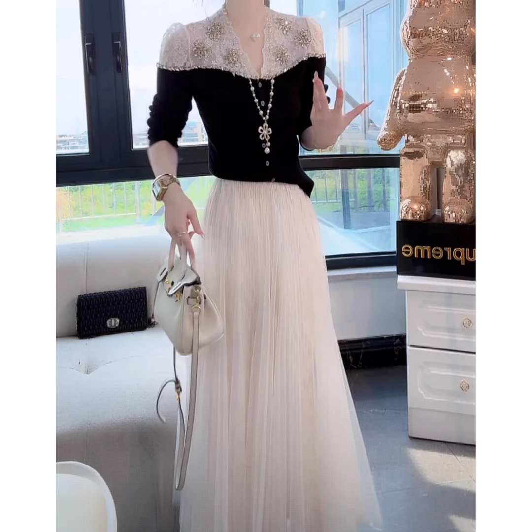 薇恩COCO2025秋季新款重工钉珠蕾丝针织衫+仙气飘飘女装半身裙S54