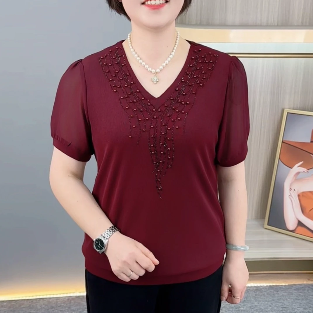 夏季新款时尚V领烫钻串珠纯色气质妈妈装遮肚显瘦短袖上衣H2830