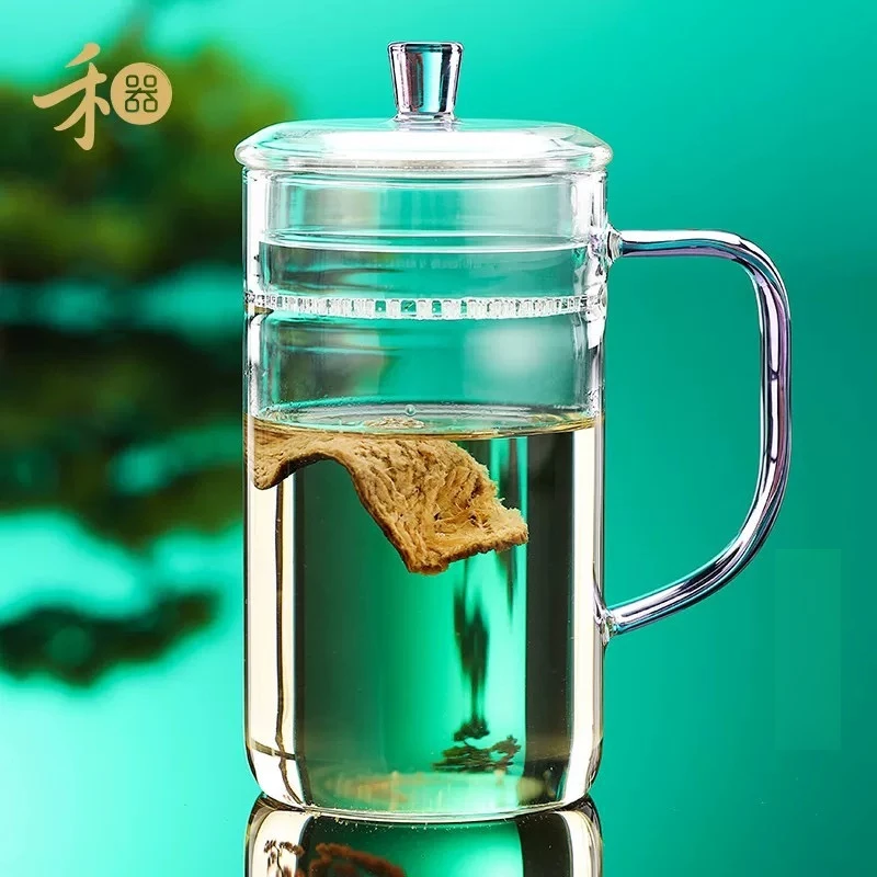 禾器高硼硅玻璃杯带过滤月牙泡茶杯耐高温带盖子绿茶杯简尚杯