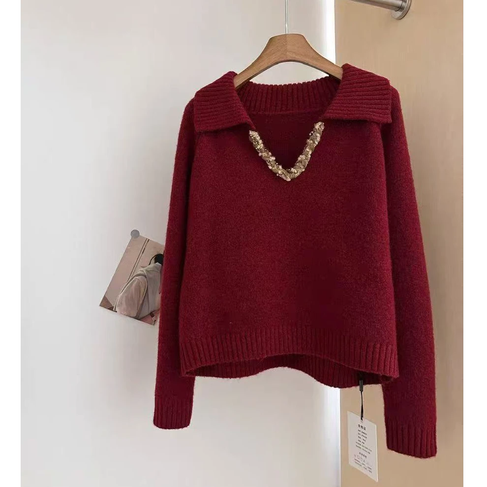 【设计师】高级感轻奢手工镶钻V领针织衫秋冬新款设计感慵懒软糯毛