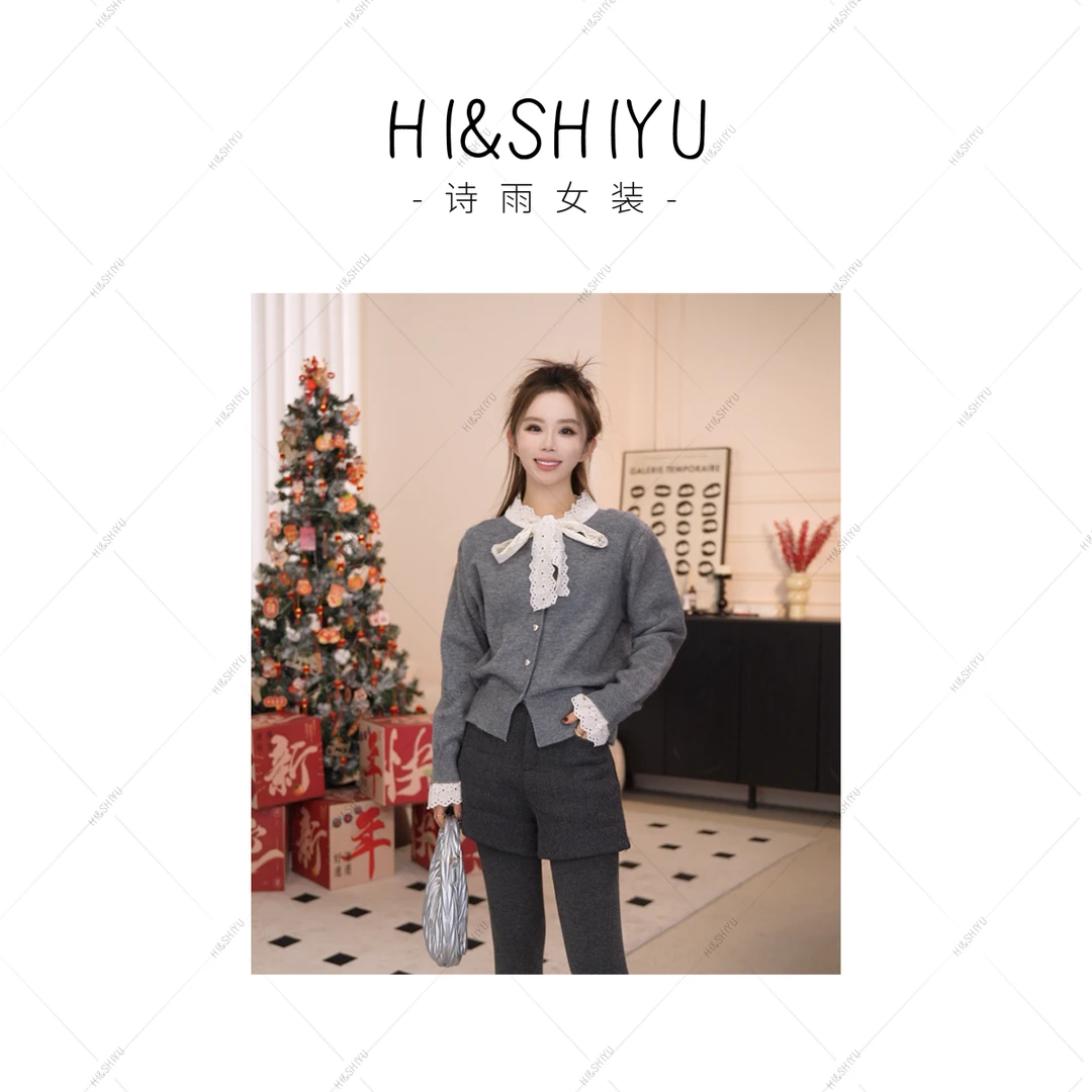 HISHIYU【安妮日记】 系带蝴蝶结蕾丝针织开衫  010