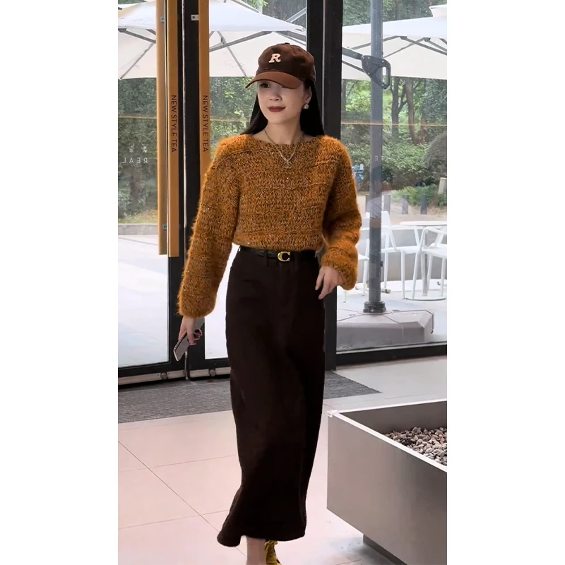 2025秋季新款女法式气质圆领长袖宽松毛衣上衣百搭高腰显瘦半身裙
