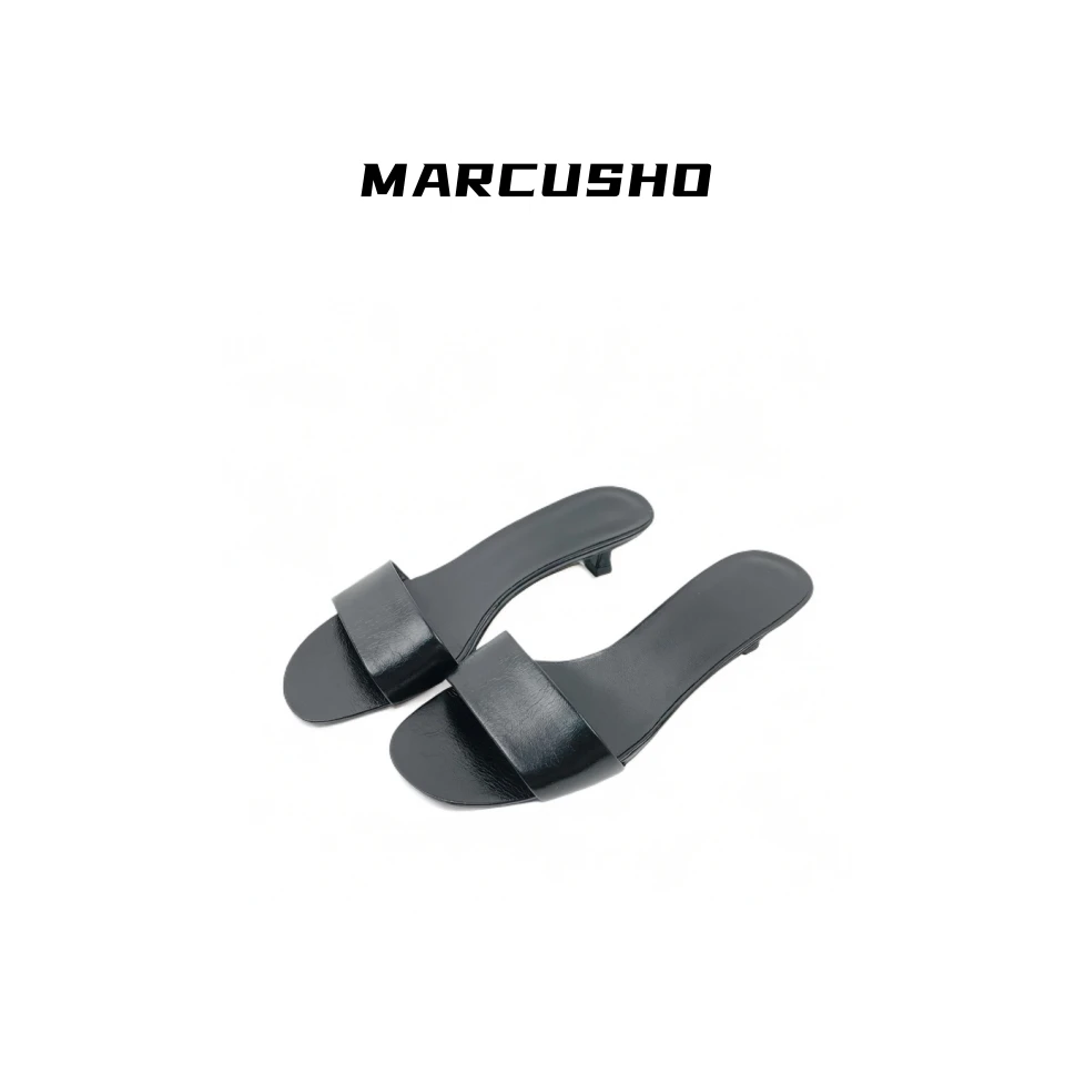 MARCUSHO真皮细跟一字带拖鞋性感简约猫跟露趾凉拖女鞋D1138