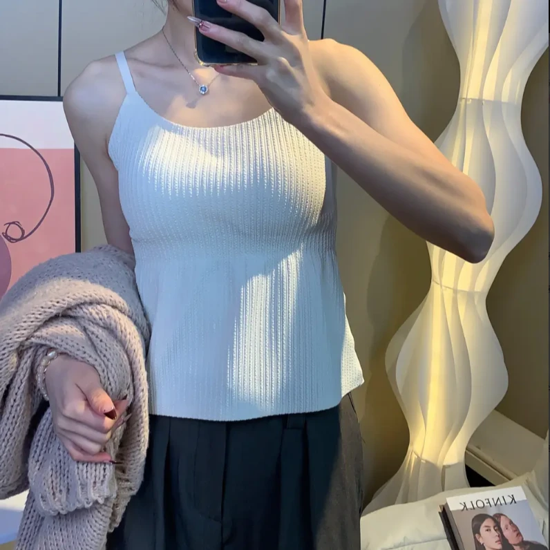 四季显瘦打底吊带背心内搭外穿美背内衣一体垫白色长款百搭通勤