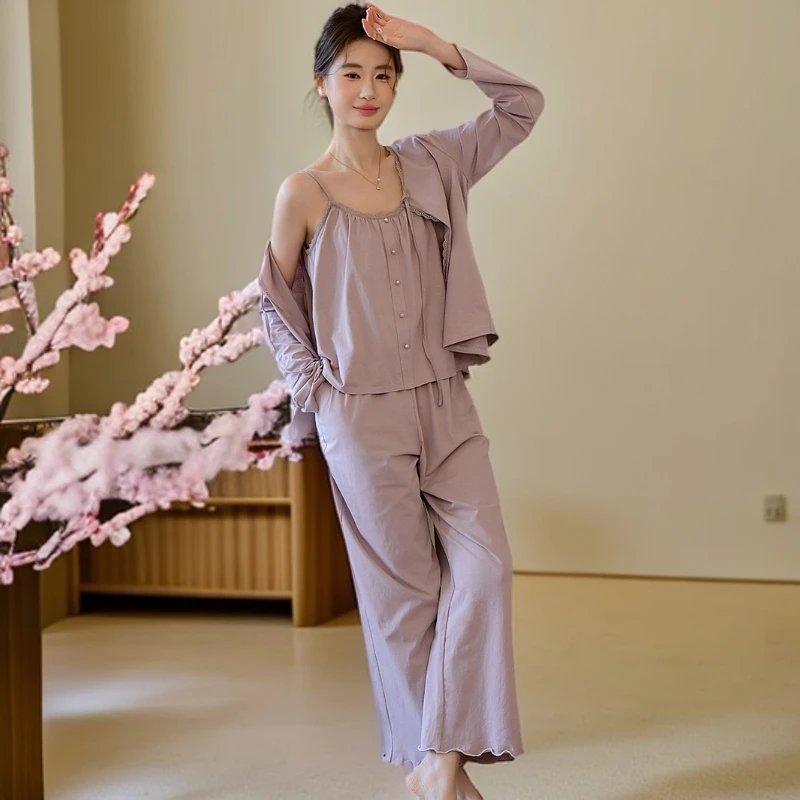 春夏季针织棉性感吊带三件套睡衣女士夏季长袖外套夏天长裤家居服