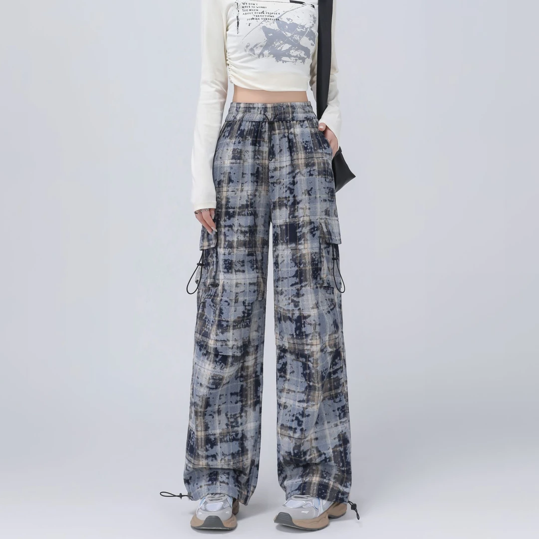 春秋新款印花美式潮流高腰休闲工装裤百搭复古垂感阔腿格纹直筒裤