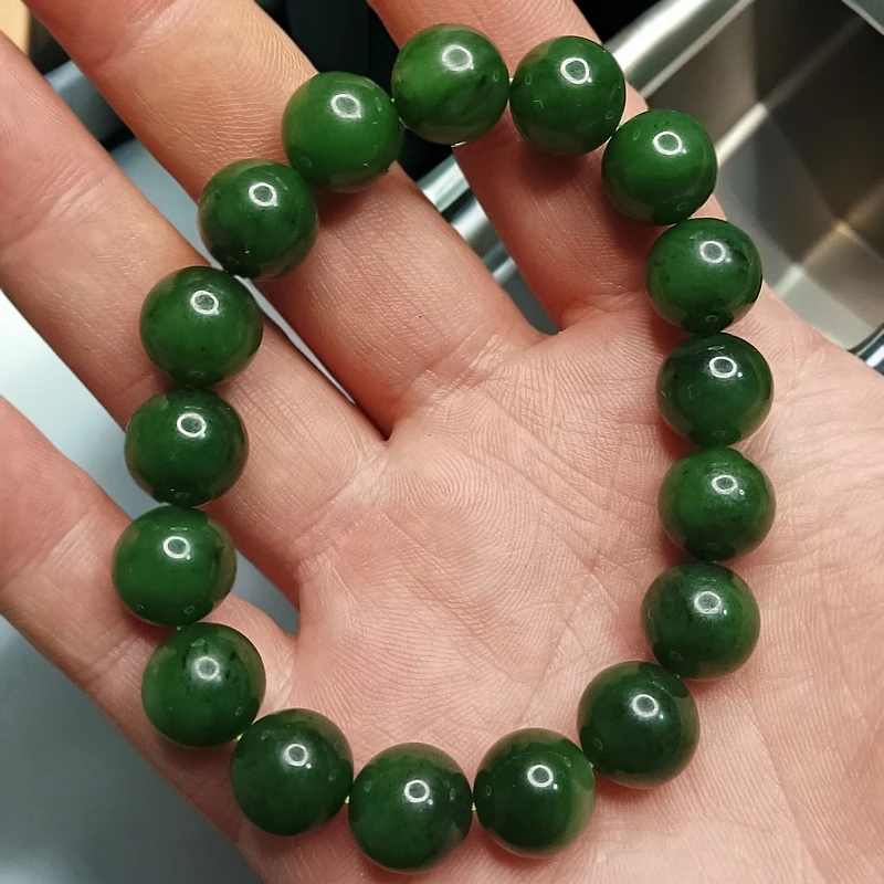 天然和田玉碧玉12mm圆珠俄料时尚保真妈妈绿色素圈玉手串菠菜绿