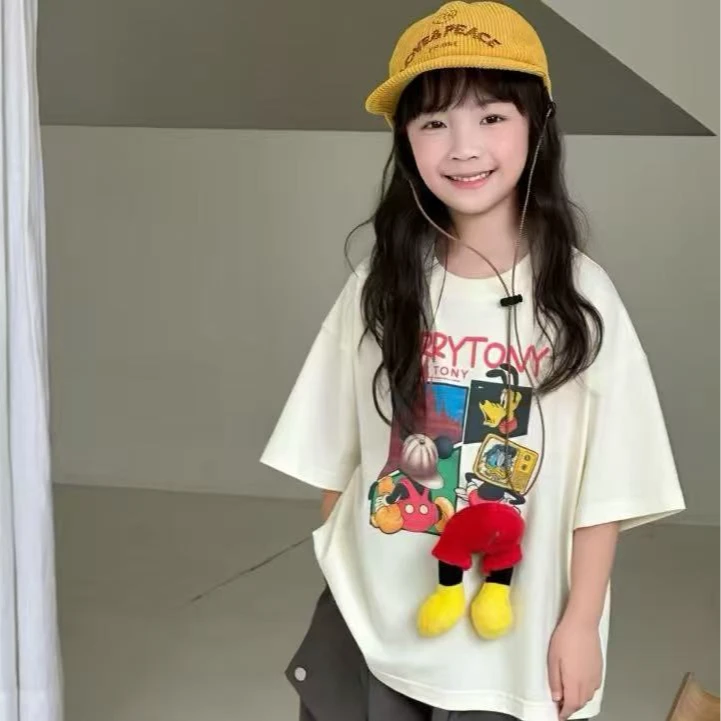 女童春夏新款2026中大童韩版卡通米奇印花宽松短袖T恤 266512