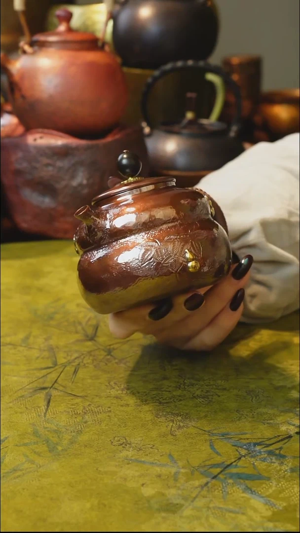 纯紫铜红色福禄泡茶壶