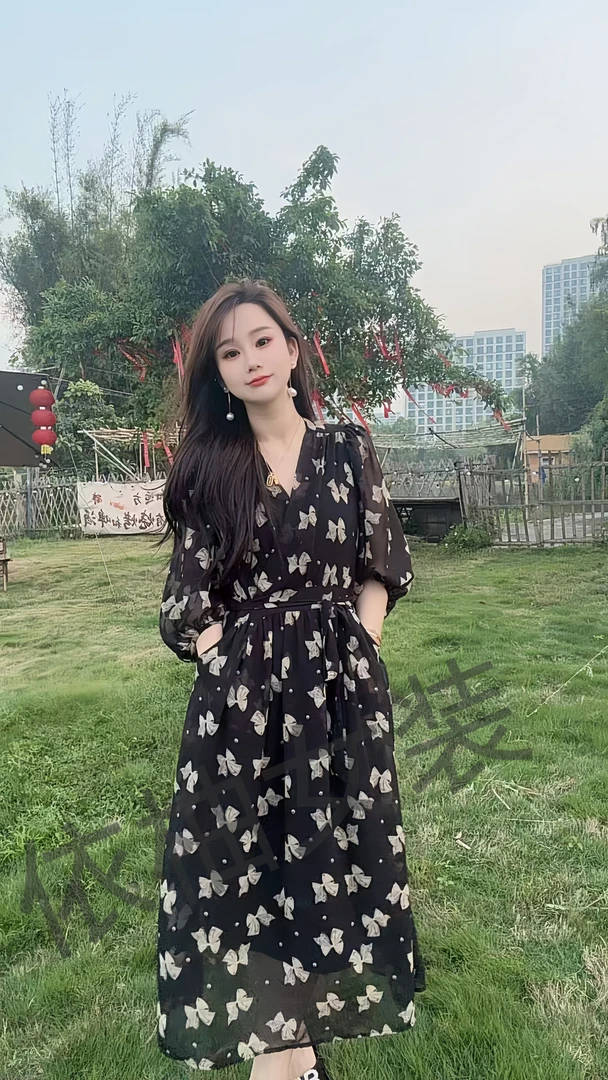 【工厂价】黑色绝美蝴蝶画感面料设计V领通勤显瘦法式乔其纱连衣裙