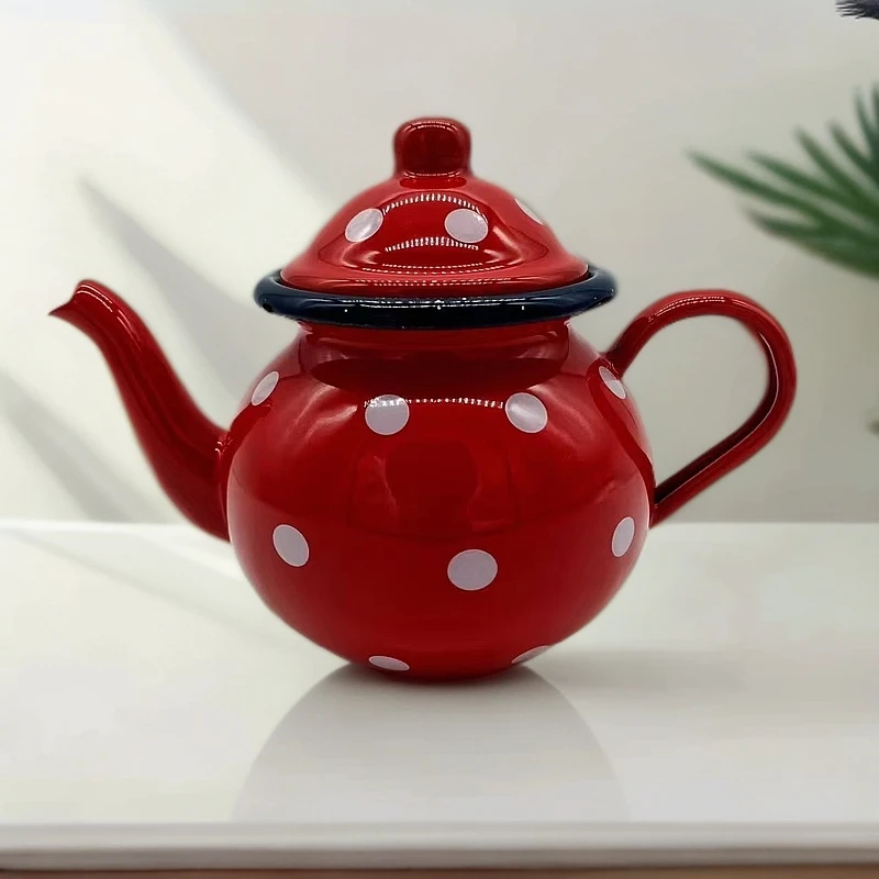 红色波点搪瓷水壶小众红色水壶茶壶厚款茶壶油壶复古中式