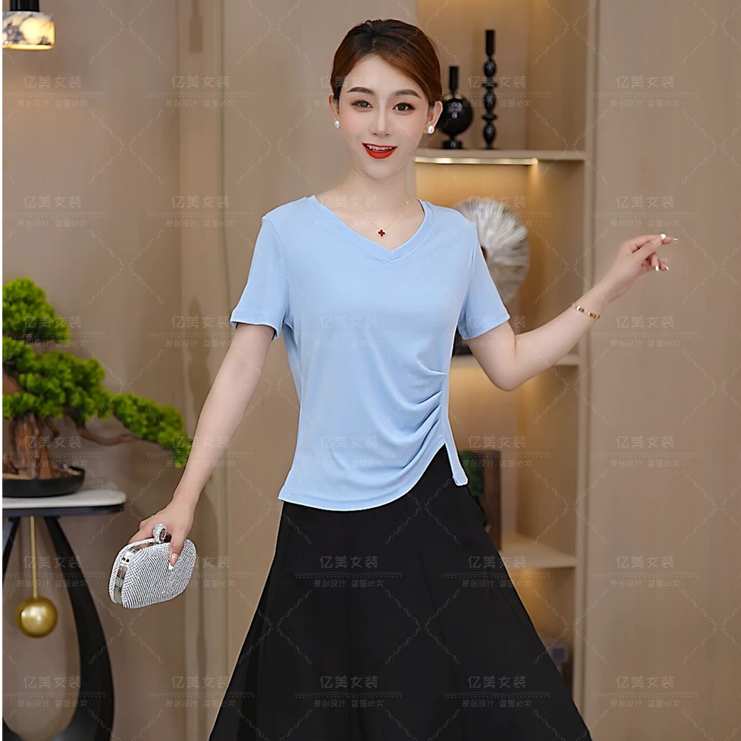 2025新款爆款女短袖T恤显瘦气质修身时尚夏季不规则上衣遮肚子