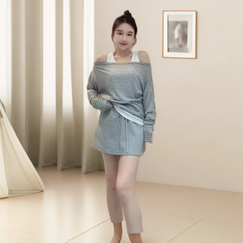 2025夏季新款韩系时尚气质条纹长袖防晒上衣+背心+显瘦中长裙套装
