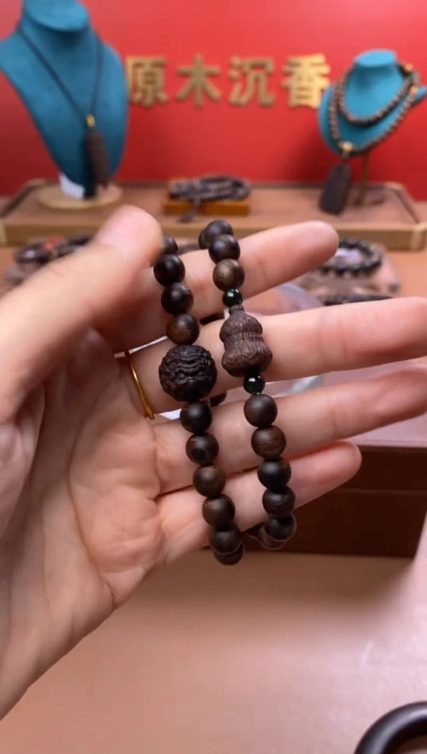 【闪购商品】沉香手串Y沉水富森瘤疤08+葫芦貔貅顶珠沉香木雕