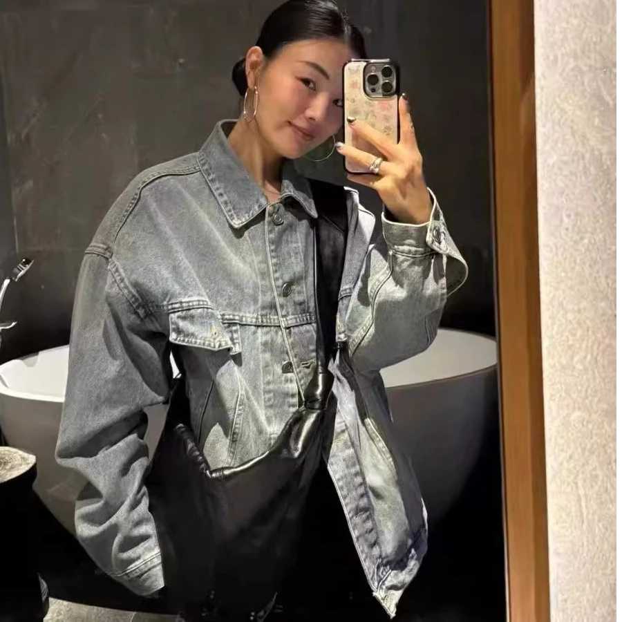 现货！2025春季新款 mohhe 向日葵同款阔版复古蓝牛仔外套