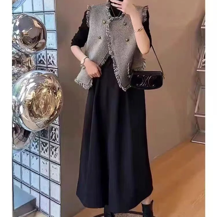 法式小香风马甲连衣裙两件套2025秋季新款大码胖MM高级感时髦套装