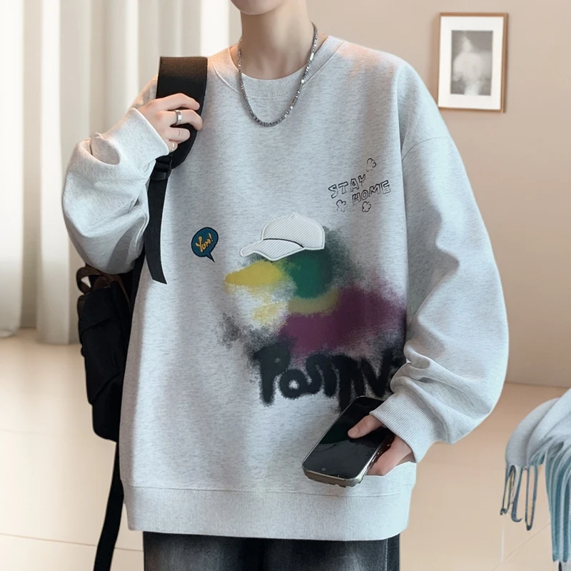 汤米芙兰可男士卫衣贴布印花秋冬季打底衫新款宽松套头外套潮流港