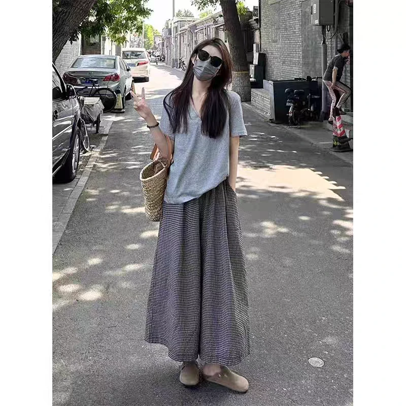 清 清 清」苏木休闲裤」复古慵懒感棋盘格宽松阔腿裤女 D40175