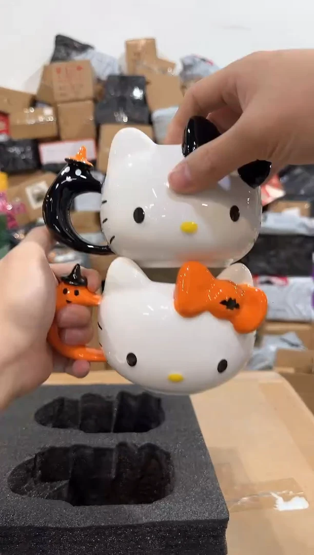 瓷片原盒橙色加黑色kt头杯2件套