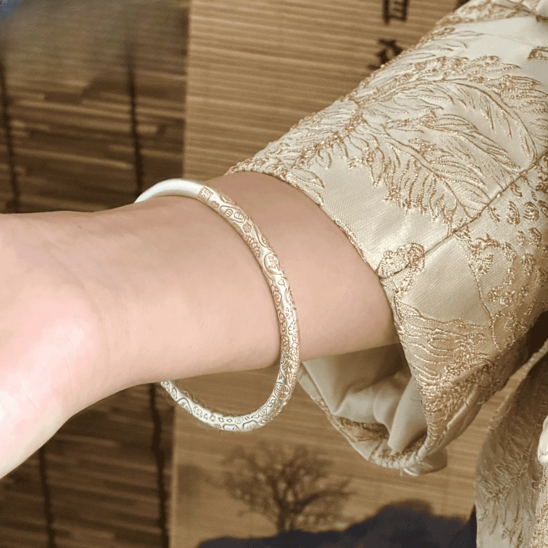 足银手镯 足银999手镯女描金卷草纹古法纯银吉言实心镯子情人节