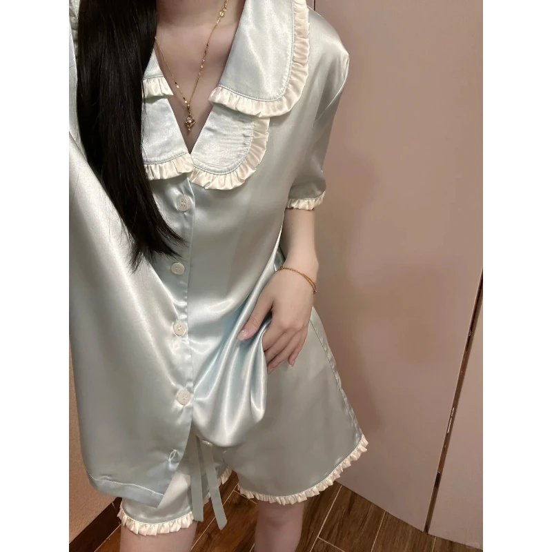 法式宫廷风蕾丝娃娃领高级感冰丝睡衣女夏新款短袖短裤套装家居服