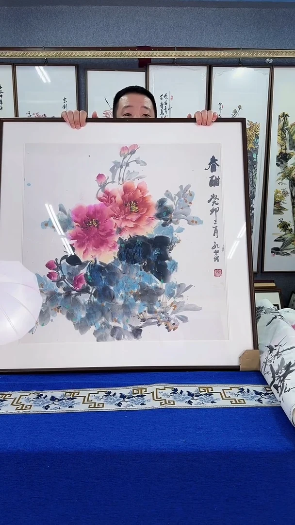 国画牡丹图实木装裱83*83
