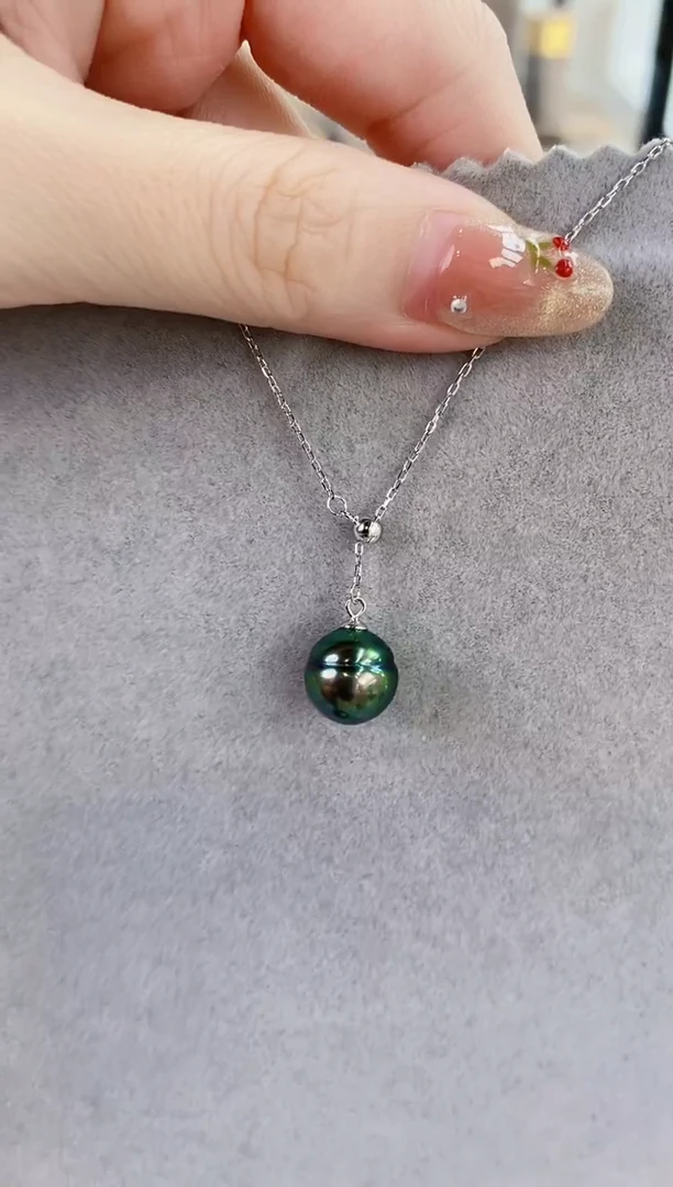 海水珍珠银S925镶嵌项链10-11大溪地黑珍珠项链