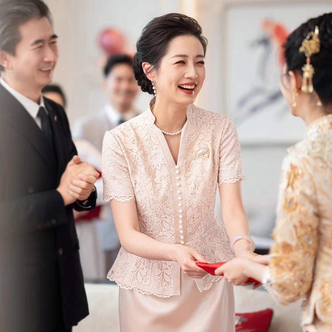 喜妈妈婚宴装假两件中式礼服高贵年轻喜婆婆气质连衣裙高级感旗袍