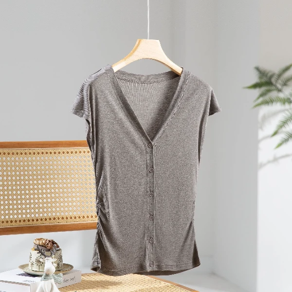 WEIMO【小蛮腰】夏季桑蚕丝V领收腰显瘦气质纯色小飞袖莫奈花园风