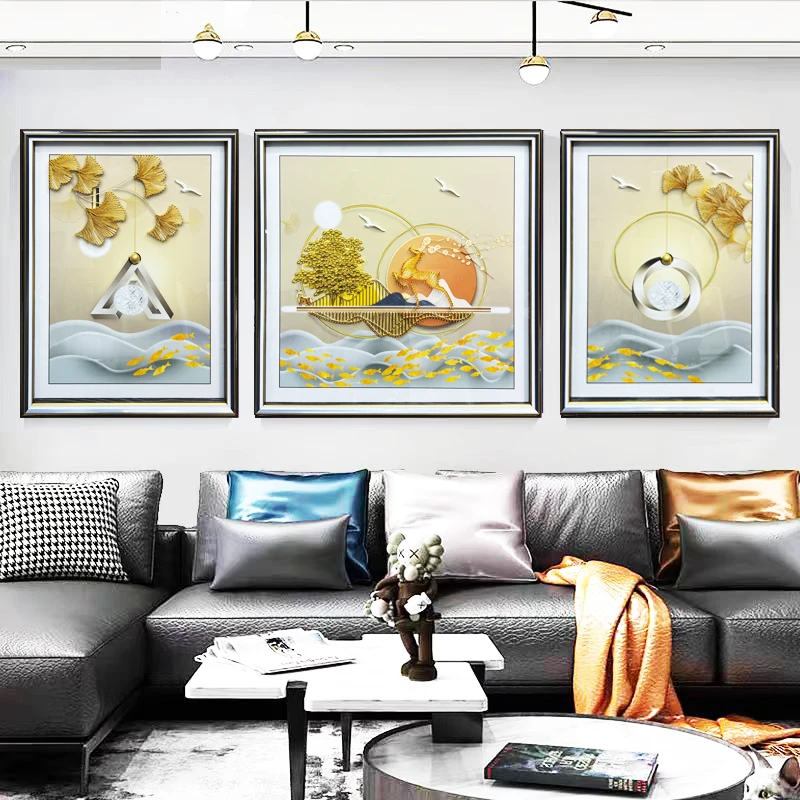 Q186银杏麋鹿打钉绕线轻奢客厅三联画高端钢化玻璃实物鎏金装饰画