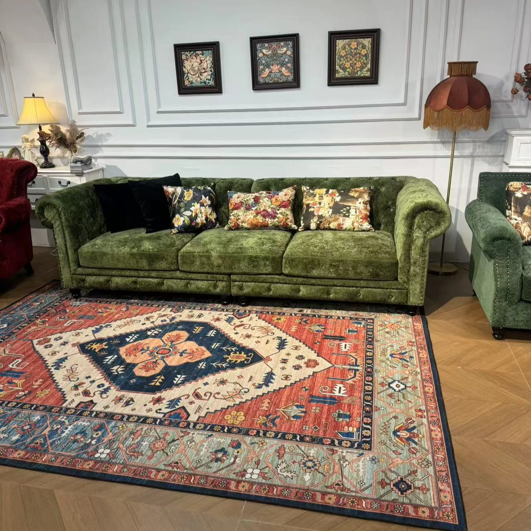 美式复古丝绒沙发乡村布艺高级绿色沙发法式轻奢客厅实木拉扣沙发