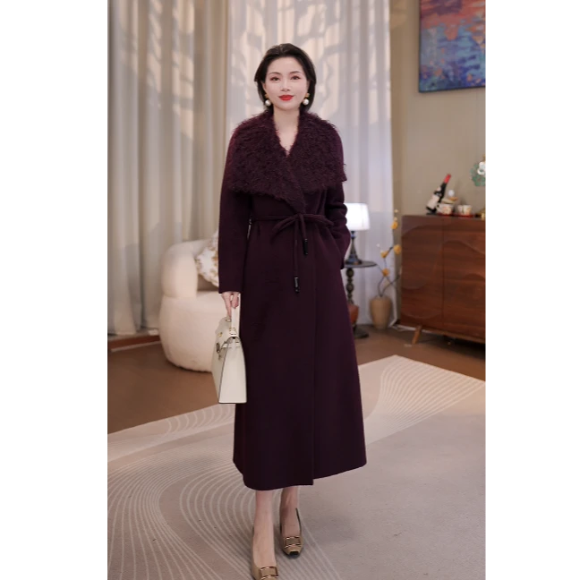 兰瑟儿秋冬大衣新款气质毛绒翻领绑带收腰中长款大衣女105DE0539