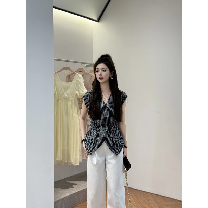 宿慕SUMU女装设计款格子小衫2025新款6-11夏季收腰显瘦衬衫F8600R