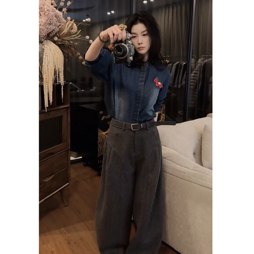 流行一整套2026春季新款时尚气质减龄洋气牛仔衬衫裤子两件套