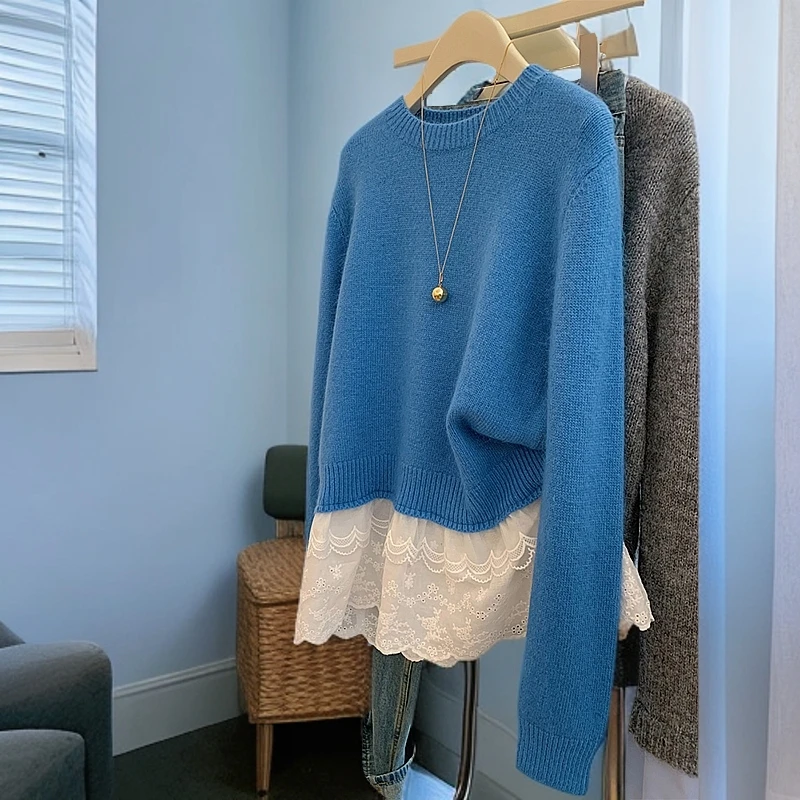 春季新款设计感蓝色假两件套头毛衣慵懒风宽松蕾丝拼接针织衫上衣