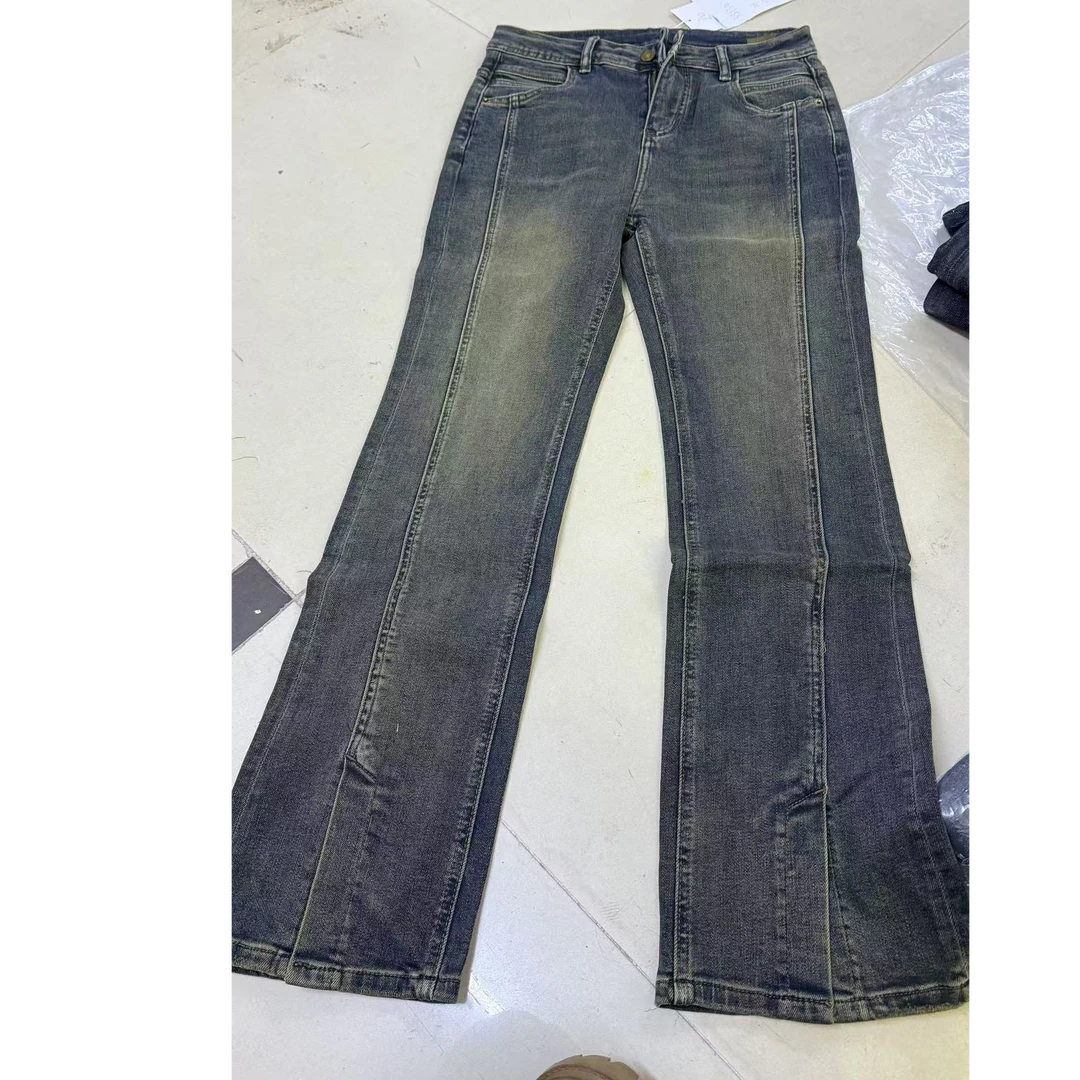 33130复古辣妹修身弹力微喇牛仔裤女新款高腰显瘦裤脚开叉长裤